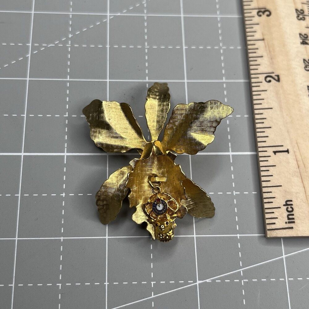 Vintage Fraternal Order Of Elks Dangle Gold Tone Orchid Flower Brooch Pin Womens